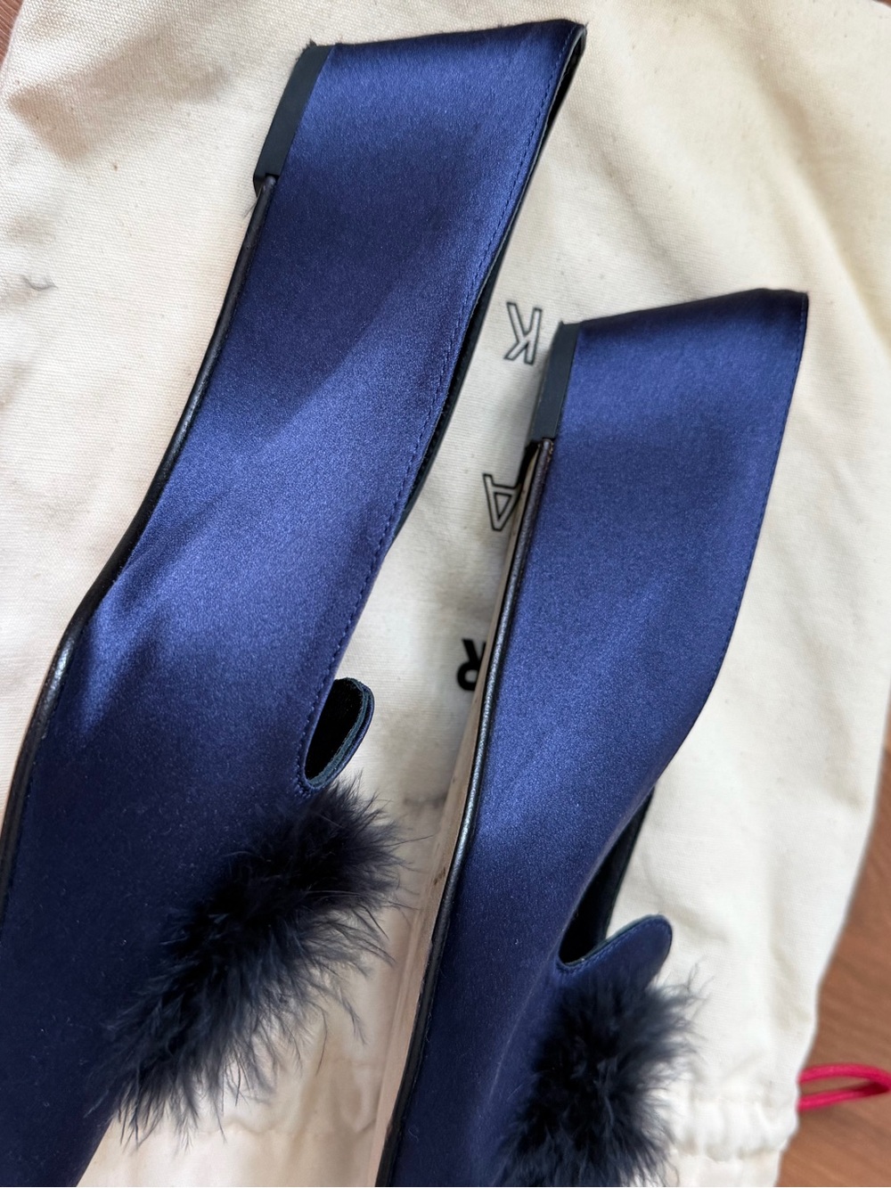 Trademark Navy Satin Feather Mules - Picture 4 of 9